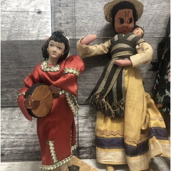 Lot of 5 Vintage Folk Art Wood Cloth Dolls  Old Dress 4-11” (CS4) - Picture 2 of 11